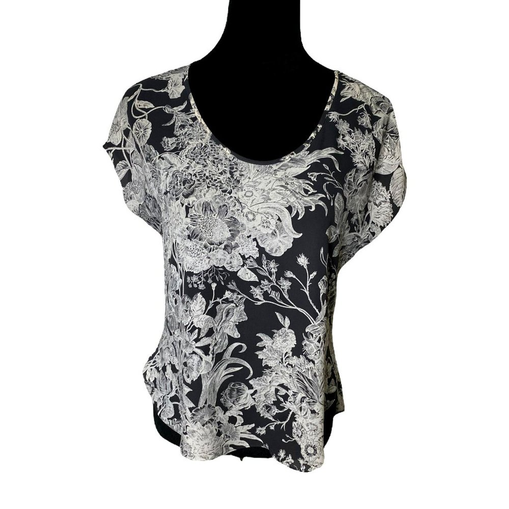 Ann Taylor Loft Womens Floral Print Short Sleeve Top XXSP Gray & White Career